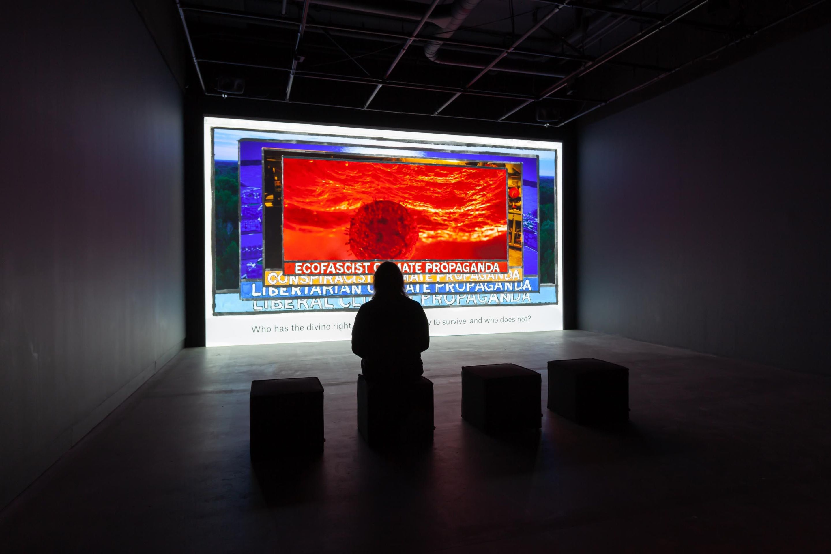View of the exhibition Jonas Staal. _Climate Propagandas, Video Study_, VOX, 2023. Credit: Michel Brunelle.
